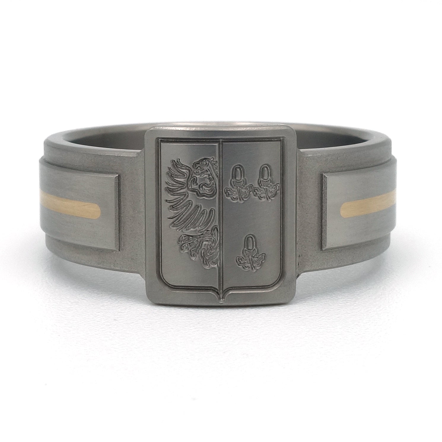 Titanium ring met gegraveerd familiewapen, brede zegelzetting en 18kr geelgouden inleg