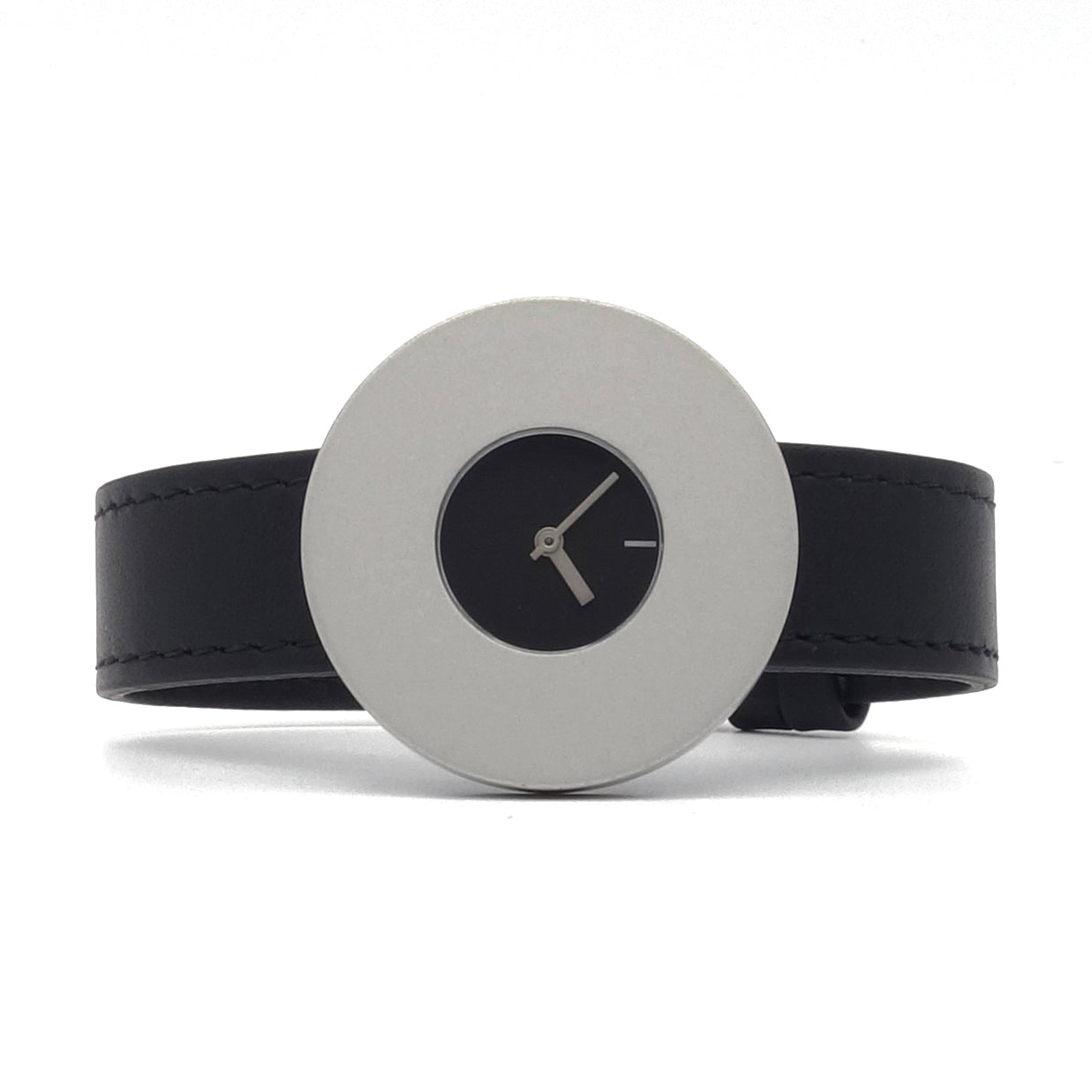 Design horloge Vignelli MV Dot Black met zwarte leren band, zwarte wijzerplaat en verwisselbare schroefbare kleurringen