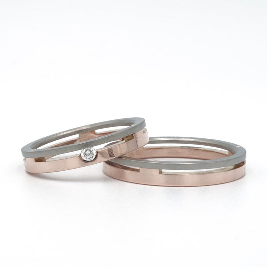 Palatto set van titanium en roodgoud met diamant in de damesring.