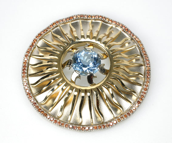 Gouden broche met aquamarijn en oranje diamanten, ontwerp Joeri Dijkman voor de Nederlandse Ontwerpwedstrijd 2014