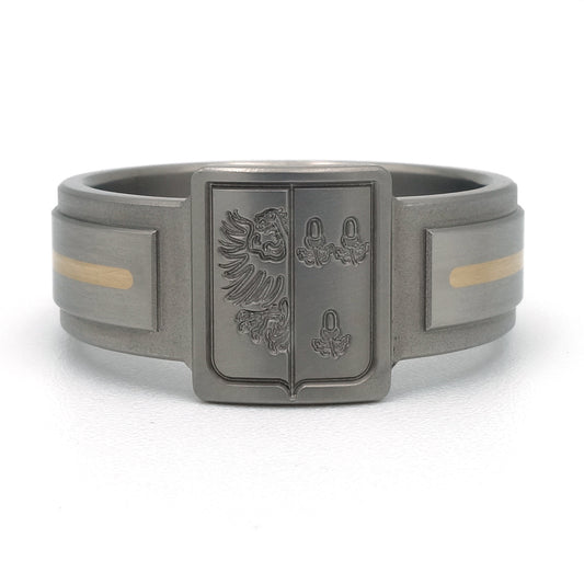 Titanium ring met gegraveerd familiewapen, brede zegelzetting en 18kr geelgouden inleg