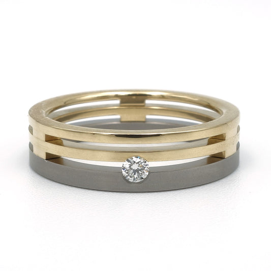 Titanium ring met dubbele band 18kr geelgoud en diamant 0,05 ct — Palatto Dubbel