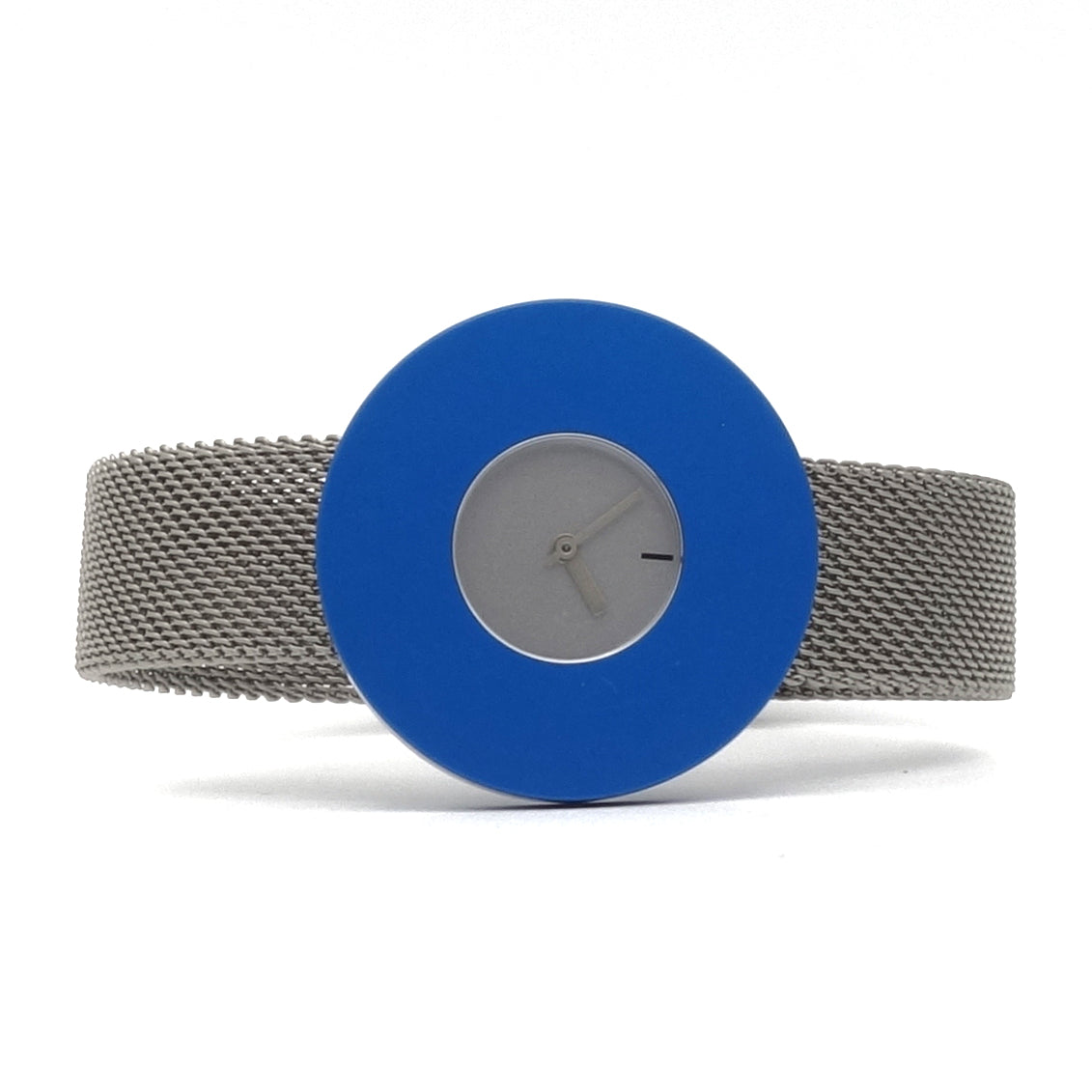 Design horloge Vignelli MV Dot Milanees met blauwe rand, stalen milanese band en verwisselbare schroefbare kleurringen