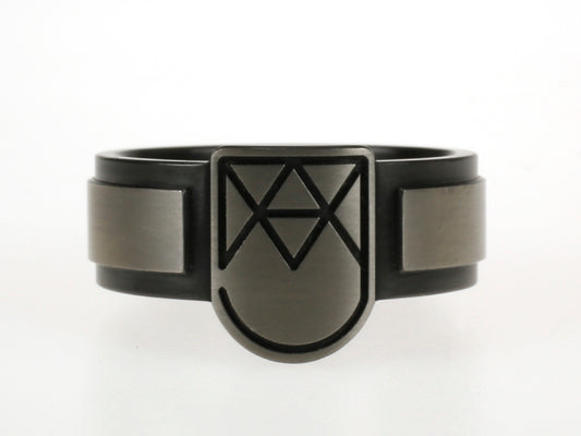 Moderne monogramring met schildvorm en abstracte initialen, uitgevoerd in titanium en zirkonium