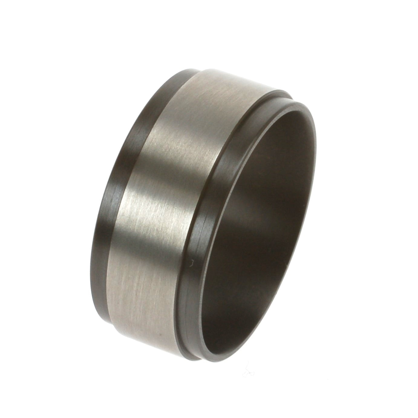 Zirkonium ring met zwarte zijkanten en matte grijze middenbaan in 3D-profiel, verkrijgbaar in meerdere breedtes